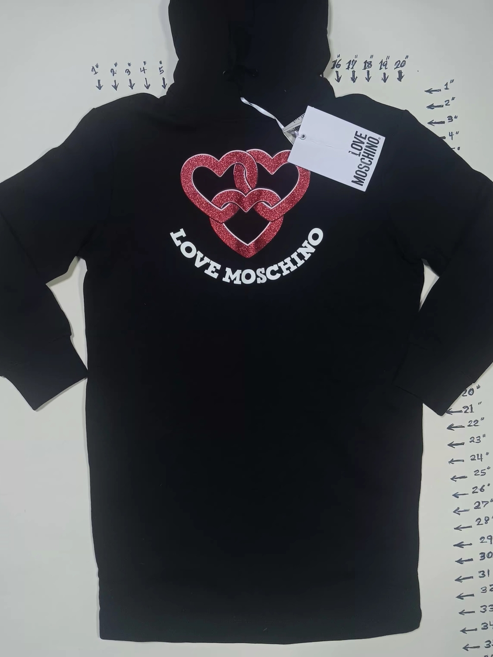 Love Moschino Black Hoodie Dress with Red Glitter Hearts Logo